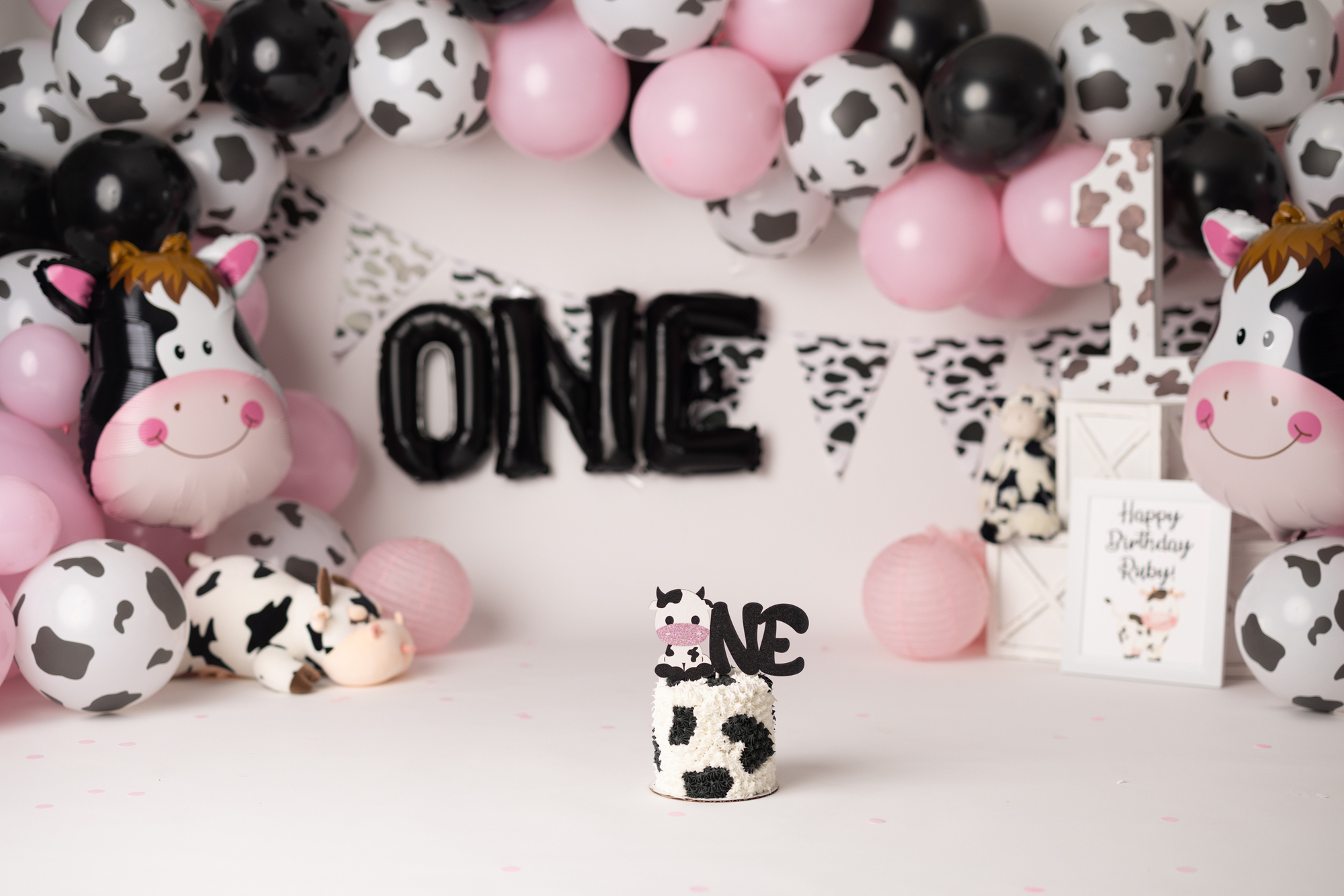 black and white cow pink cake smash
